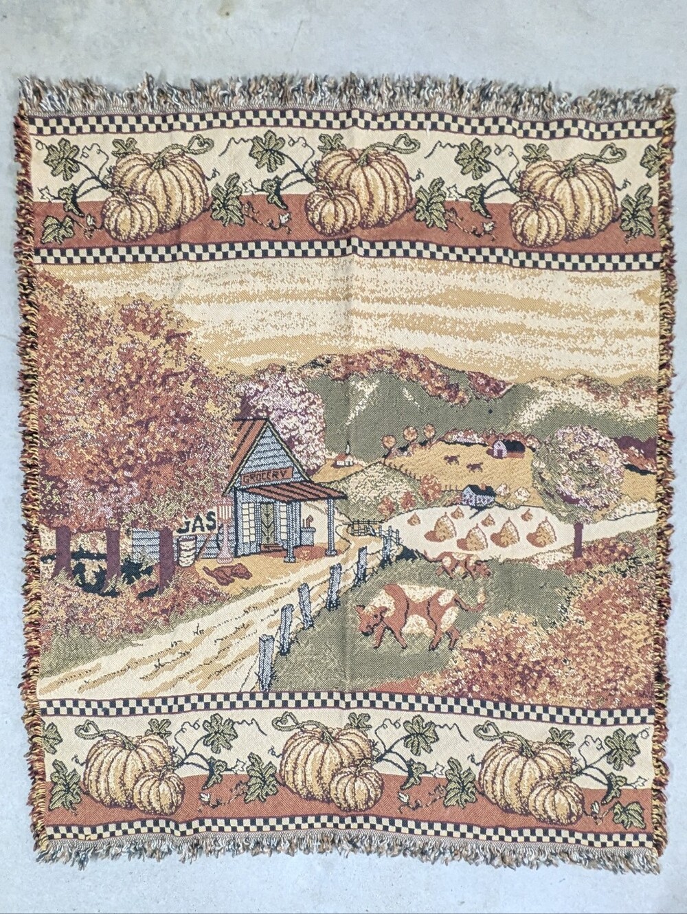 Vintage 90s Country Autumn Harvest Tapestry Throw Blanket 56"x48" Fall Landscape